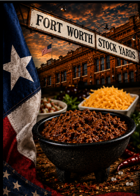 Bowl of Texas chili with shredded cheddar in front of the Fort Worth Stockyards at sunset